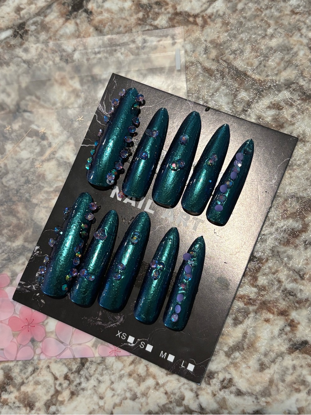 Teal Shimmer Stiletto Press-On Nails with Iridescent Gems - Picture 2 of 2